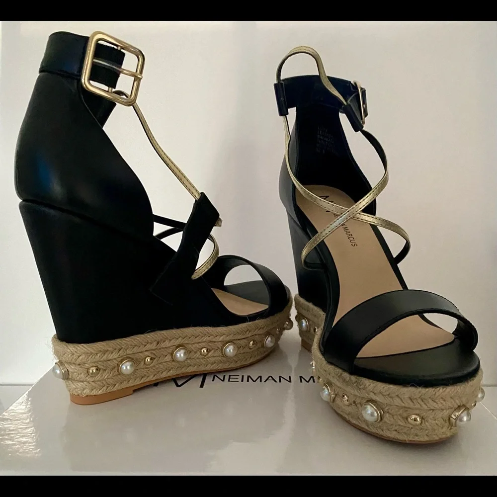 Neiman Marcus Luxy Pearls Wedges Sandals  Black/ Gold
